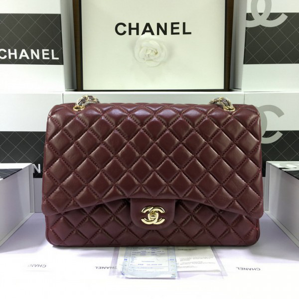 Ch**el Lambskin Flap Bag in Maroon Red 33cm with Gold Hardware