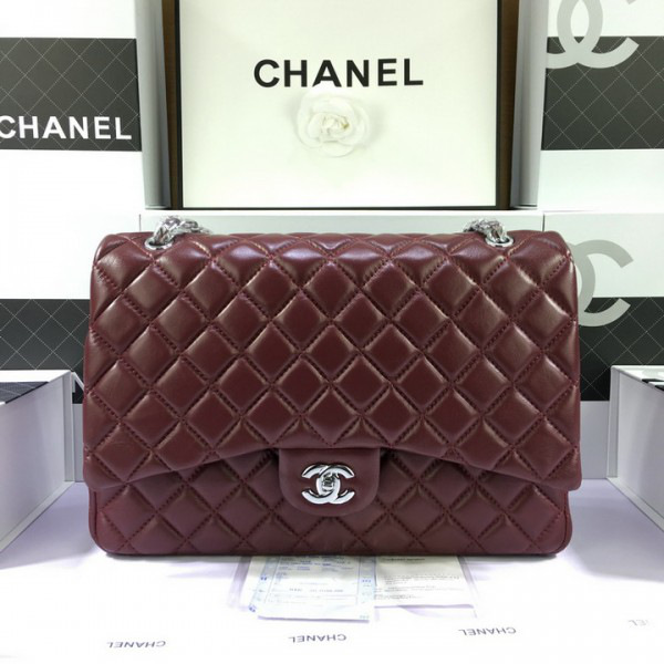 Ch**el Lambskin Flap Bag in Maroon Red 33cm with Silver Hardware