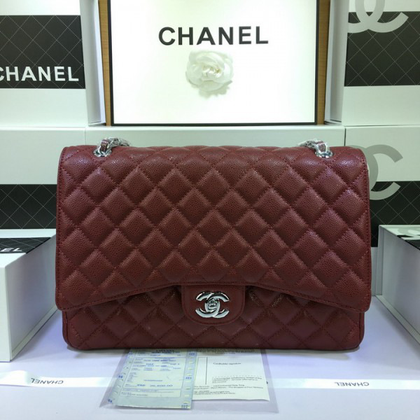 Ch**el Flap Bag Caviar in Maroon Red 33cm with Silver Hardware