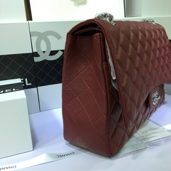 Ch**el Flap Bag Caviar in Maroon Red 33cm with Silver Hardware