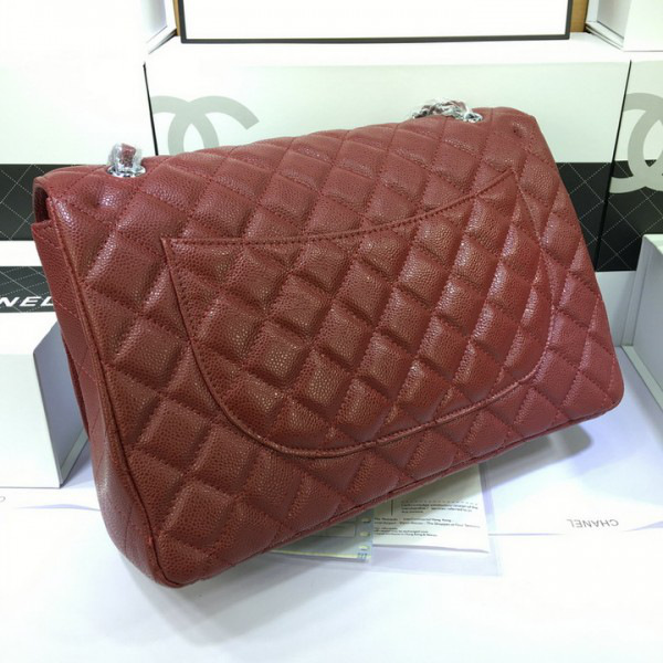 Ch**el Flap Bag Caviar in Maroon Red 33cm with Silver Hardware