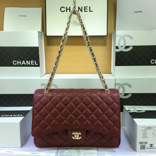 Ch**el Flap Bag Caviar in Maroon Red 33cm with Gold Hardware