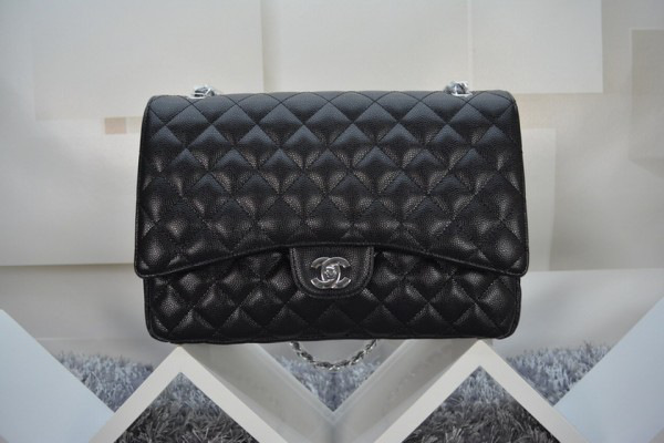 Ch**el Flap Bag Caviar in Black 33cm with Silver Hardware