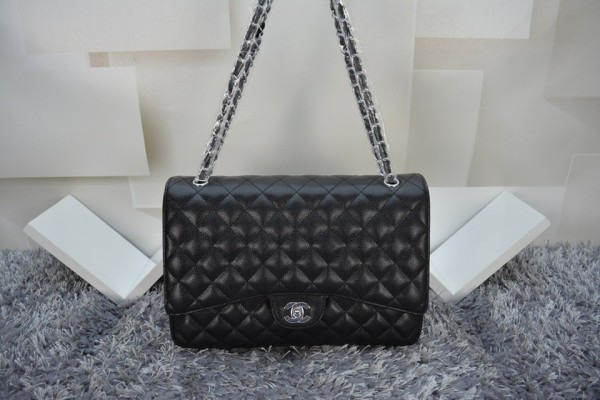 Ch**el Flap Bag Caviar in Black 33cm with Silver Hardware