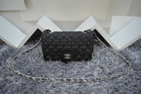 Ch**el Flap Bag Caviar in Black 20cm with Silver Hardware