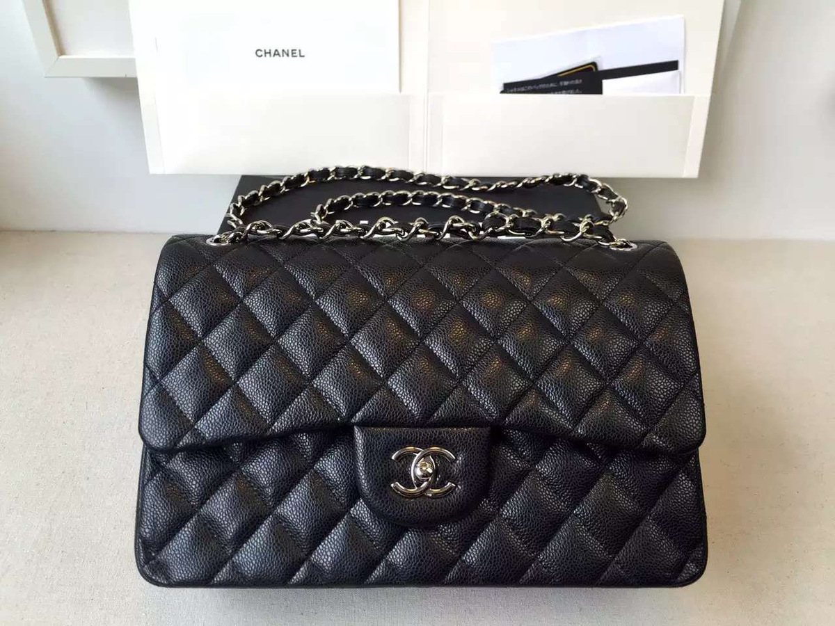 Ch**el Flap Bag Caviar in Black 30cm with Silver Hardware