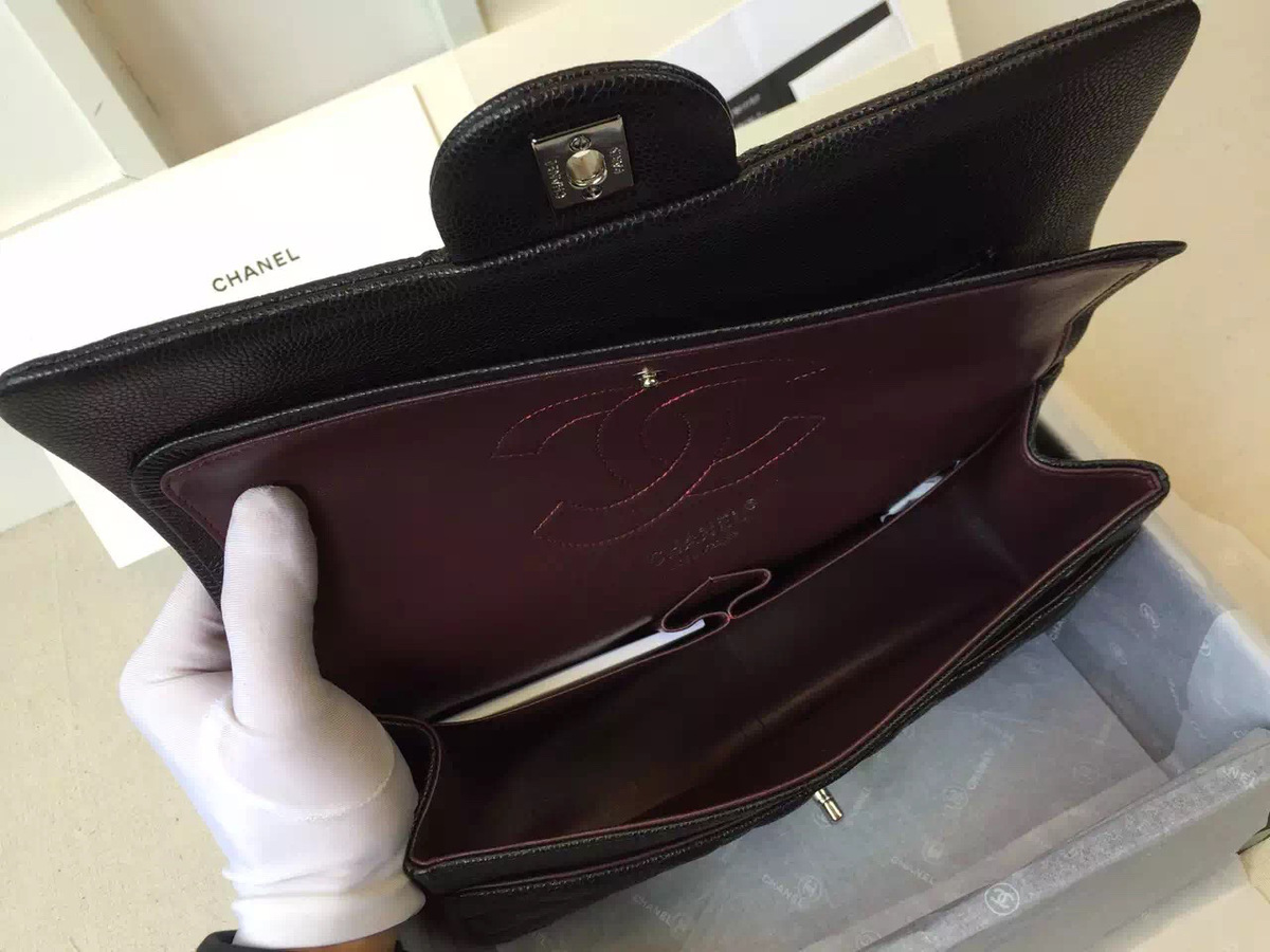 Ch**el Flap Bag Caviar in Black 30cm with Silver Hardware