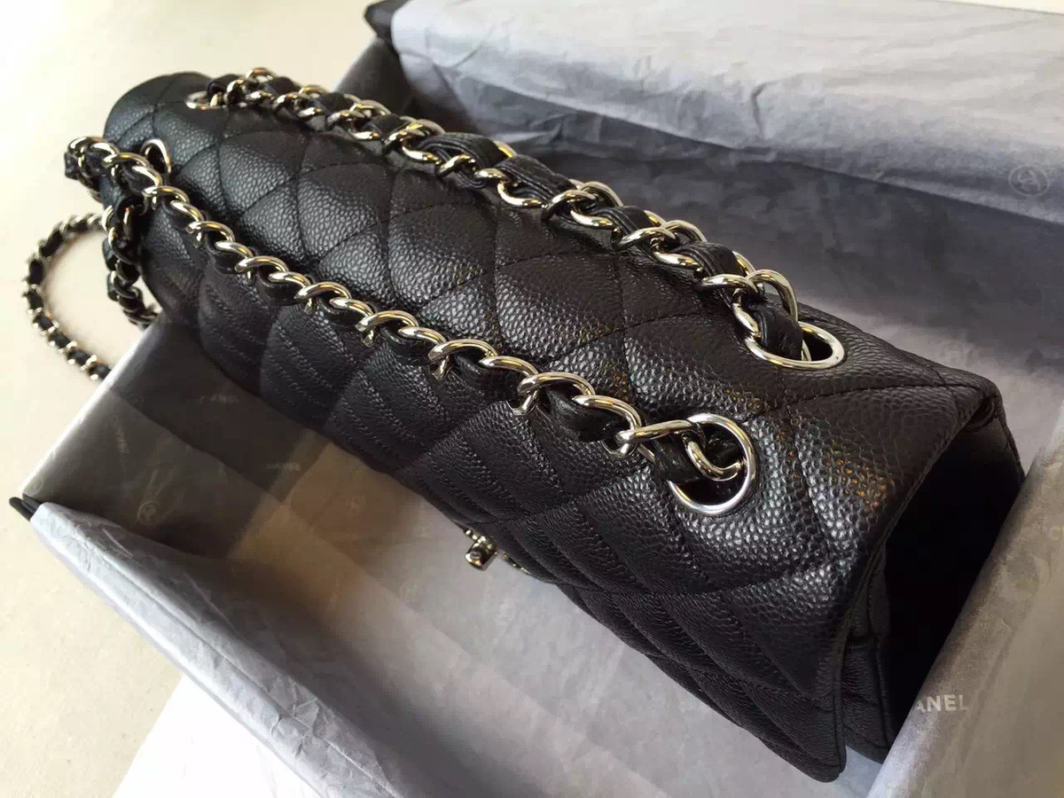 Ch**el Flap Bag Caviar in Black 30cm with Silver Hardware