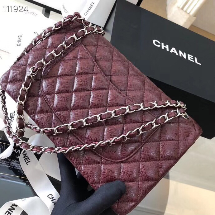 Ch**el Flap Bag Caviar in Wine Red 25cm with Silver Hardware
