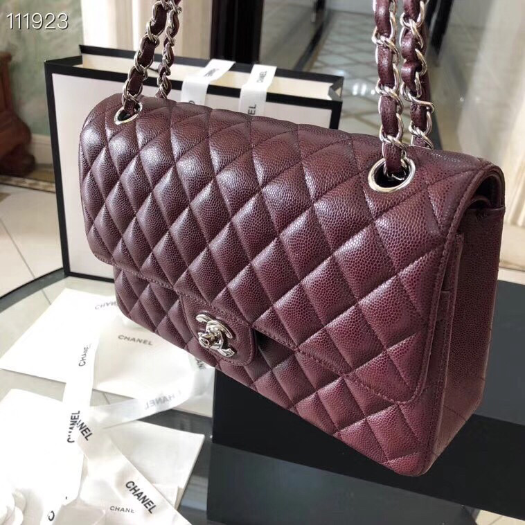 Ch**el Flap Bag Caviar in Wine Red 25cm with Silver Hardware