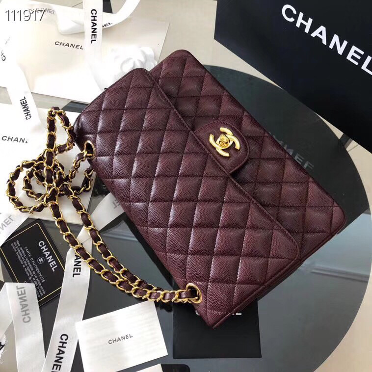 Ch**el Flap Bag Caviar in Wine Red 25cm with Gold Hardware