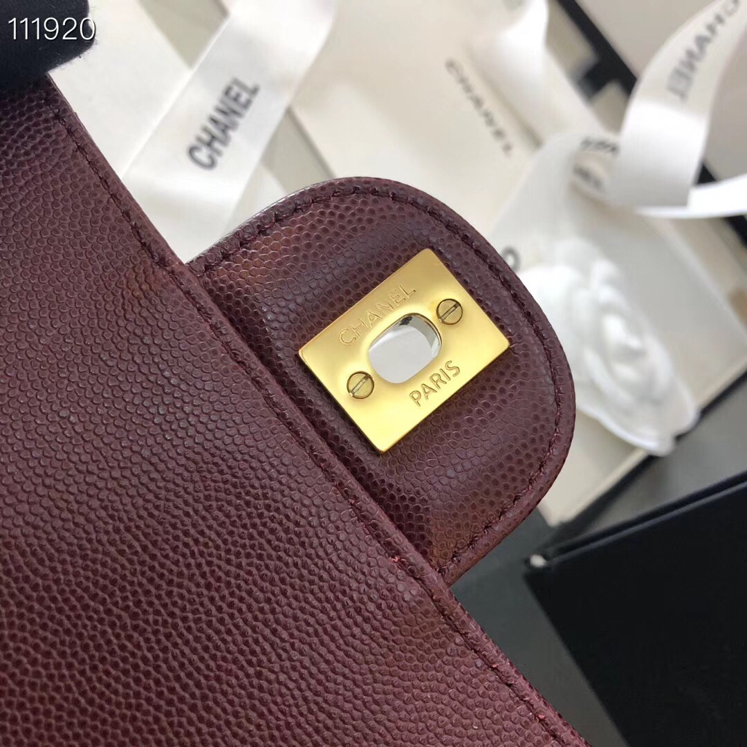 Ch**el Flap Bag Caviar in Wine Red 25cm with Gold Hardware