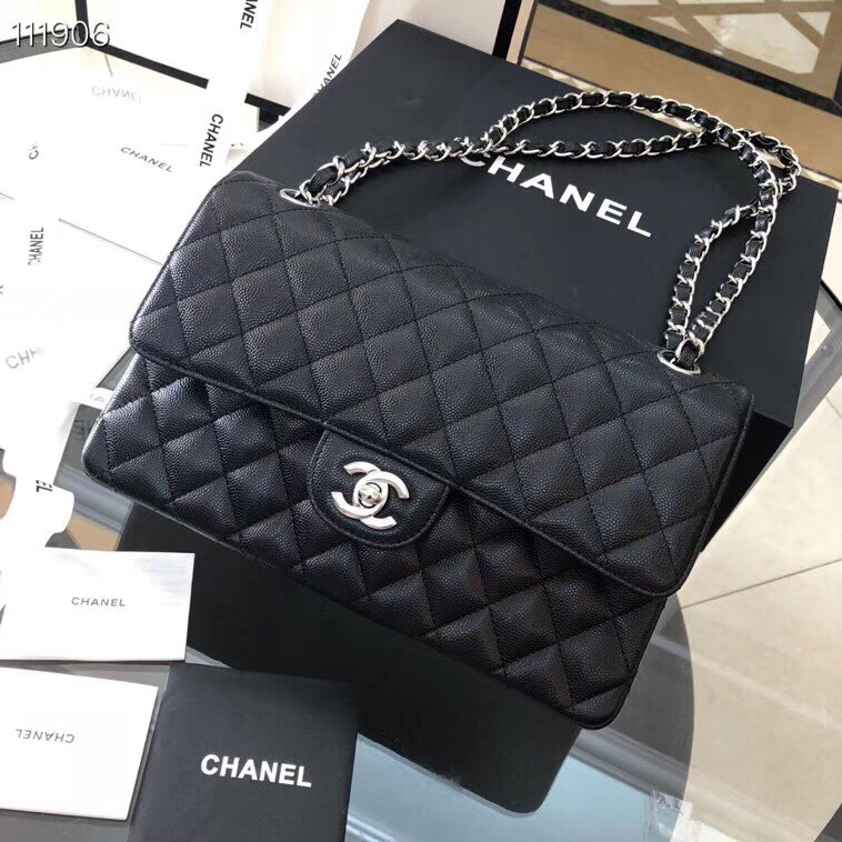 Ch**el Flap Bag Caviar in Black 25cm with Silver Hardware