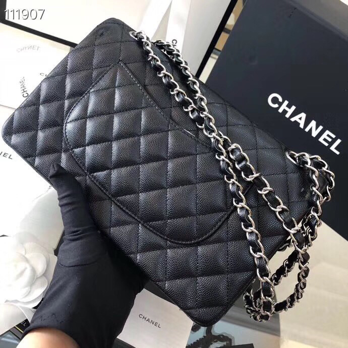 Ch**el Flap Bag Caviar in Black 25cm with Silver Hardware