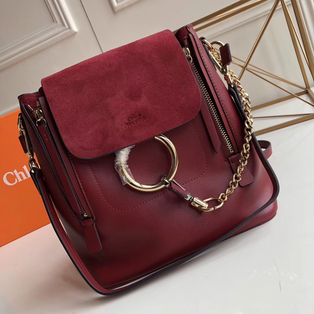 Chloe Faye Calfskin Large Backpack in Wine Red