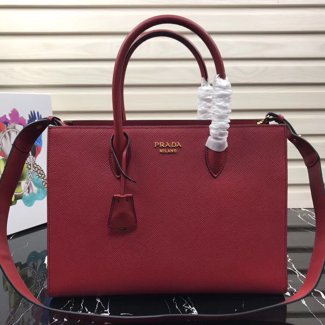 Pra*a Women's Inverted Pleat Saffiano Leather Satchel in Red 1BA153