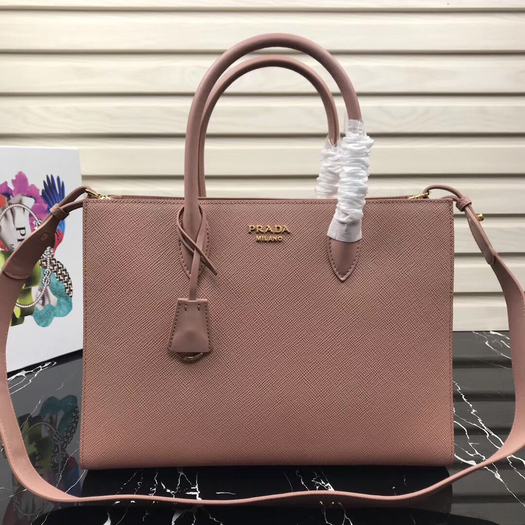 Pra*a Women's Inverted Pleat Saffiano Leather Satchel in Pink 1BA153