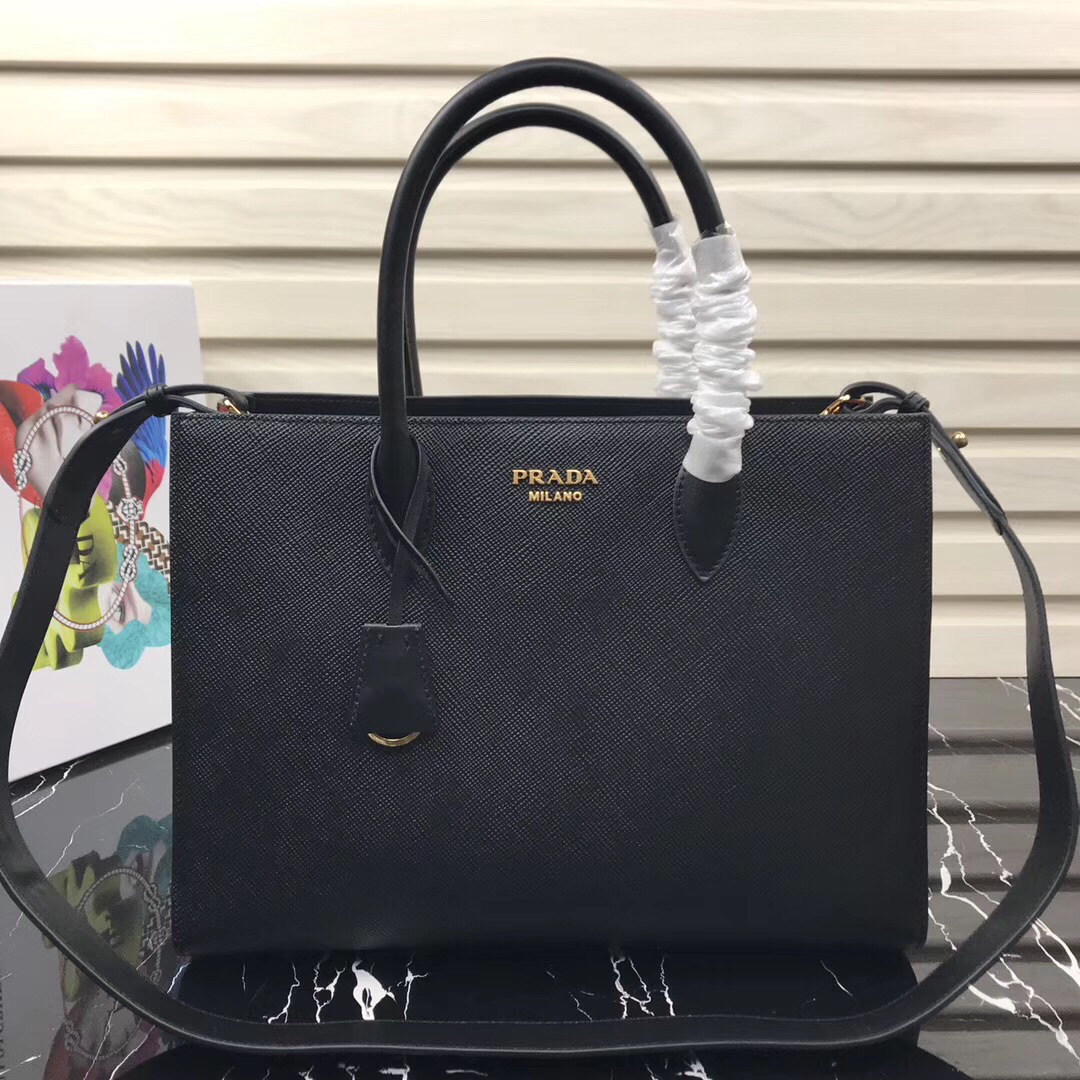 Pra*a Women's Inverted Pleat Saffiano Leather Satchel in Black 1BA153