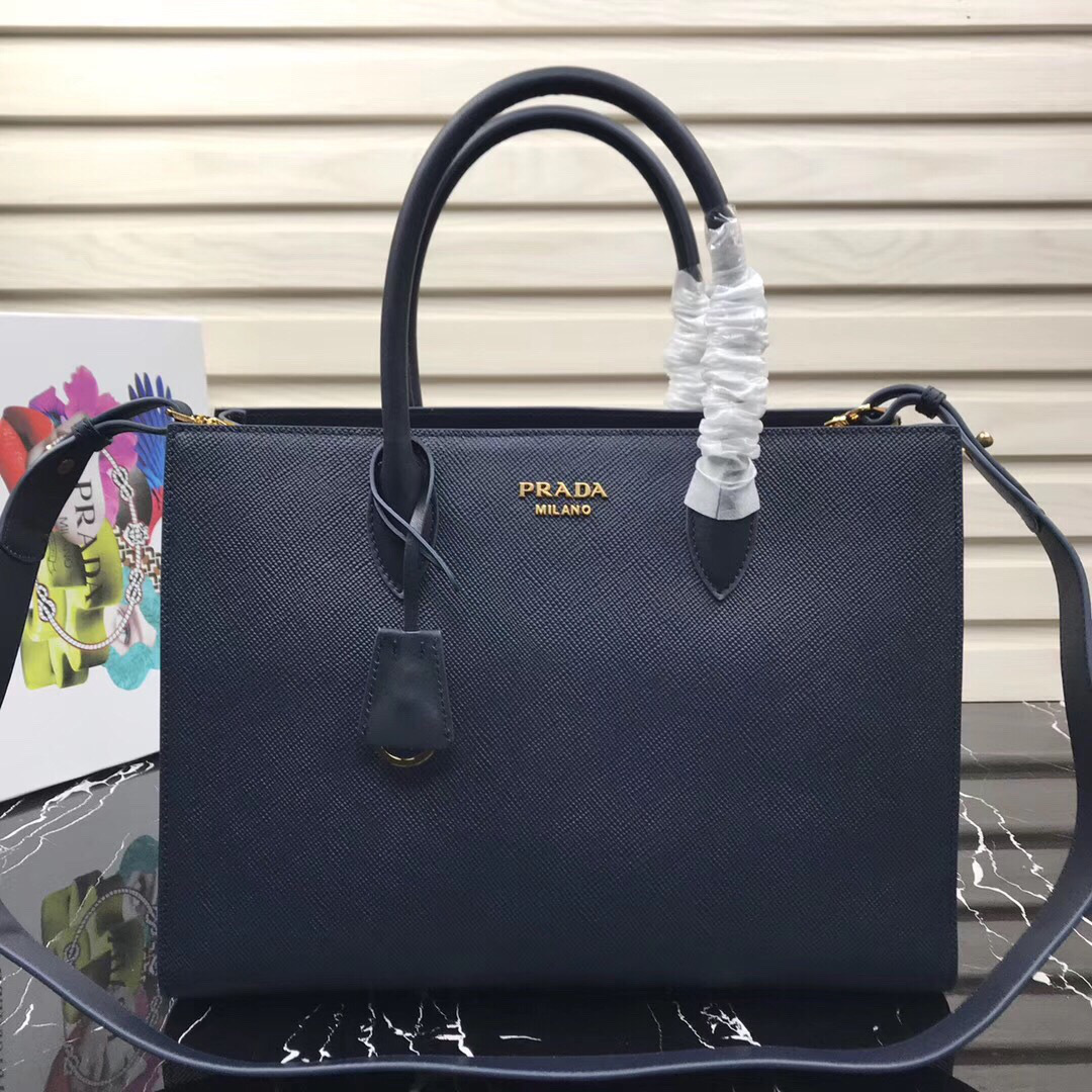 Pra*a Women's Inverted Pleat Saffiano Leather Satchel in Dark Blue 1BA153