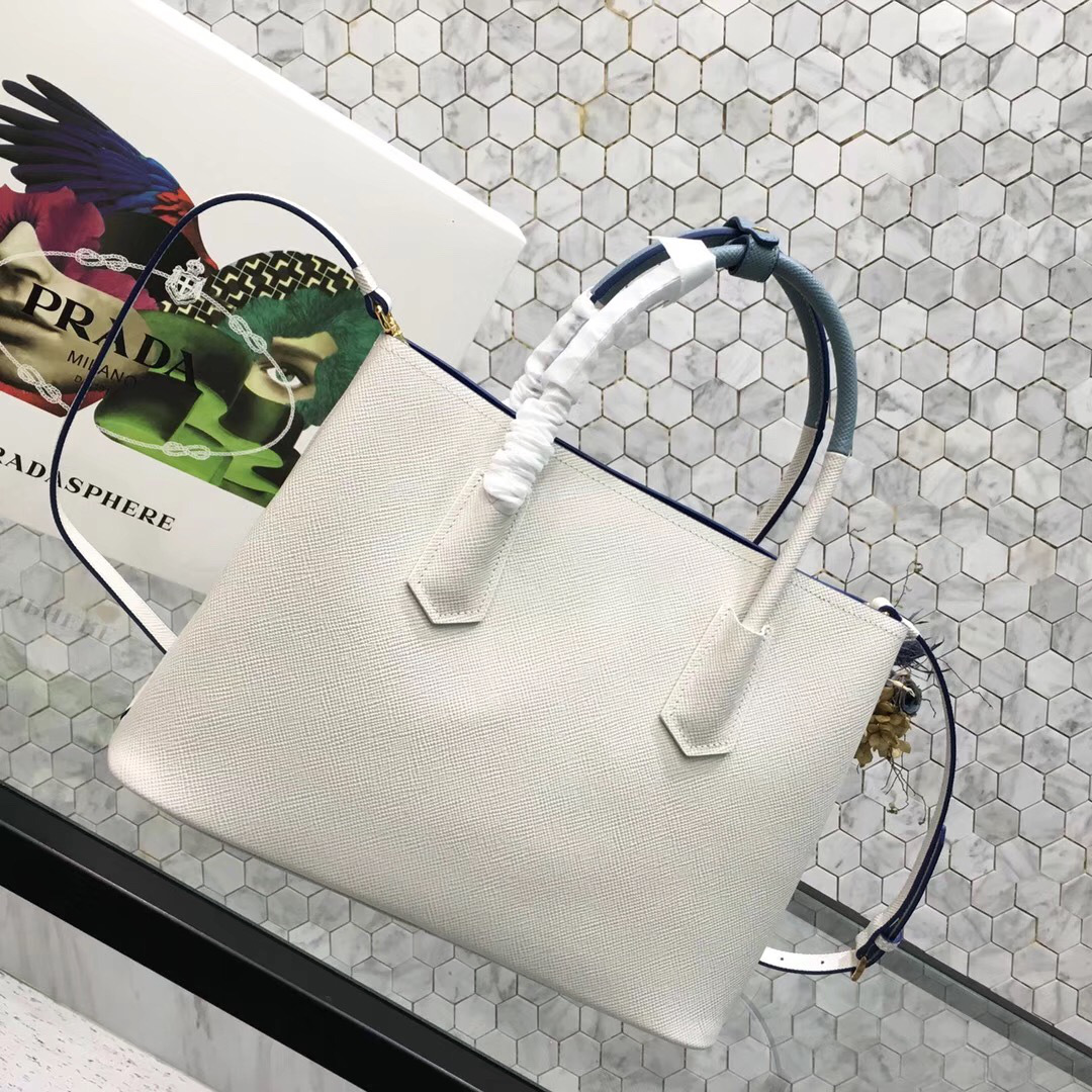 Pra*a Saffiano Cuir Small Double Leather Bag in white