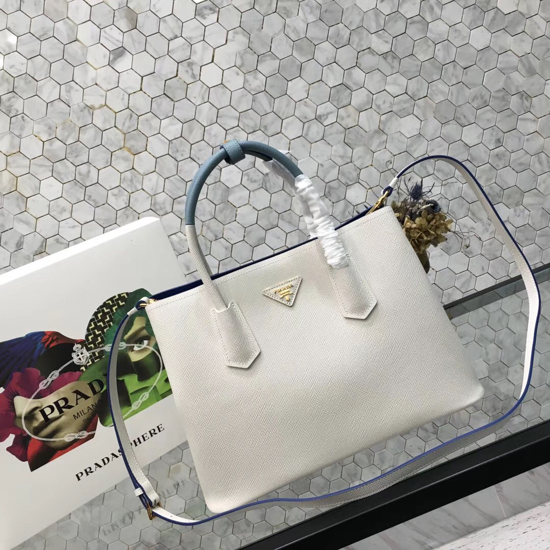 Pra*a Saffiano Cuir Small Double Leather Bag in white