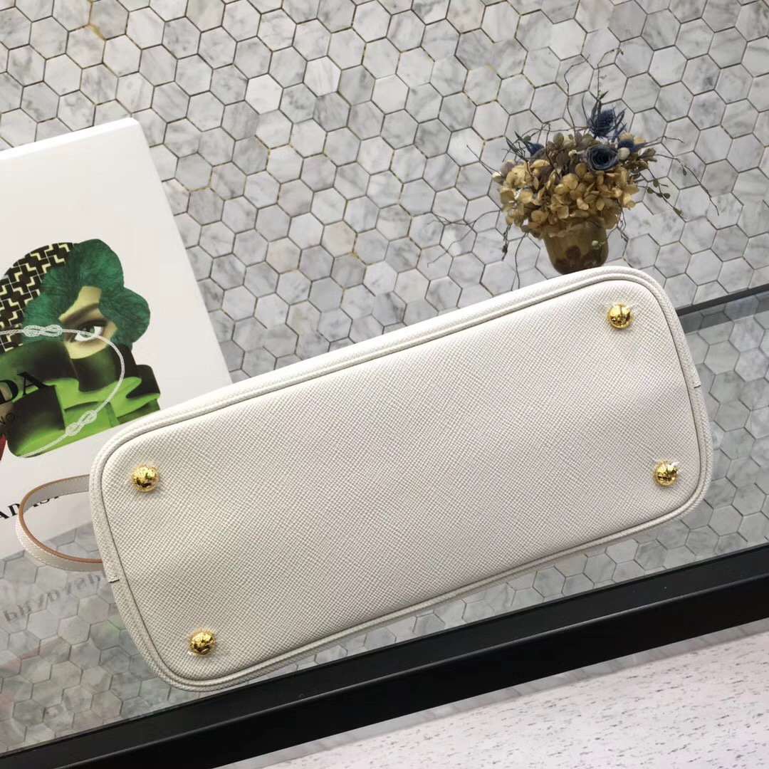 Pra*a Saffiano Cuir Small Double Leather Bag in White with Brown