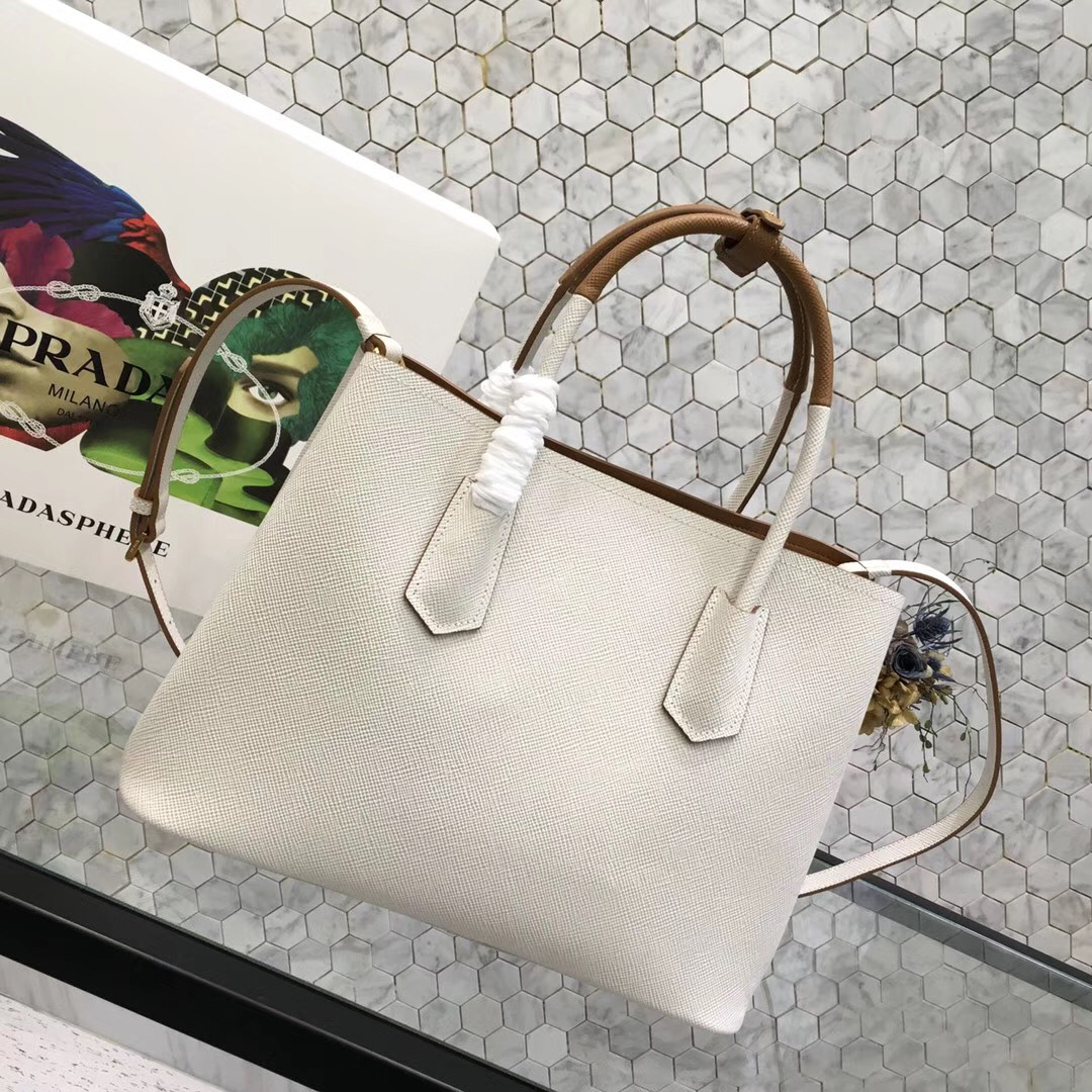 Pra*a Saffiano Cuir Small Double Leather Bag in White with Brown