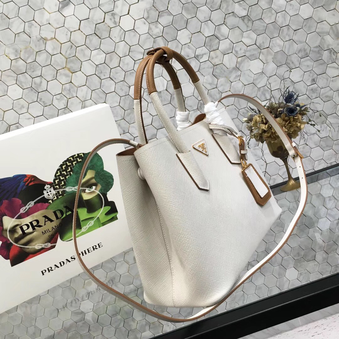 Pra*a Saffiano Cuir Small Double Leather Bag in White with Brown