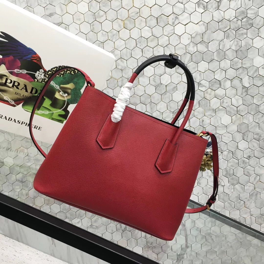 Pra*a Saffiano Cuir Small Double Leather Bag in Red