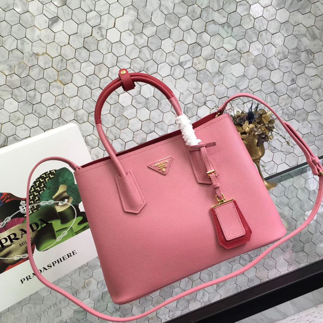 Pra*a Saffiano Cuir Small Double Leather Bag in Coral