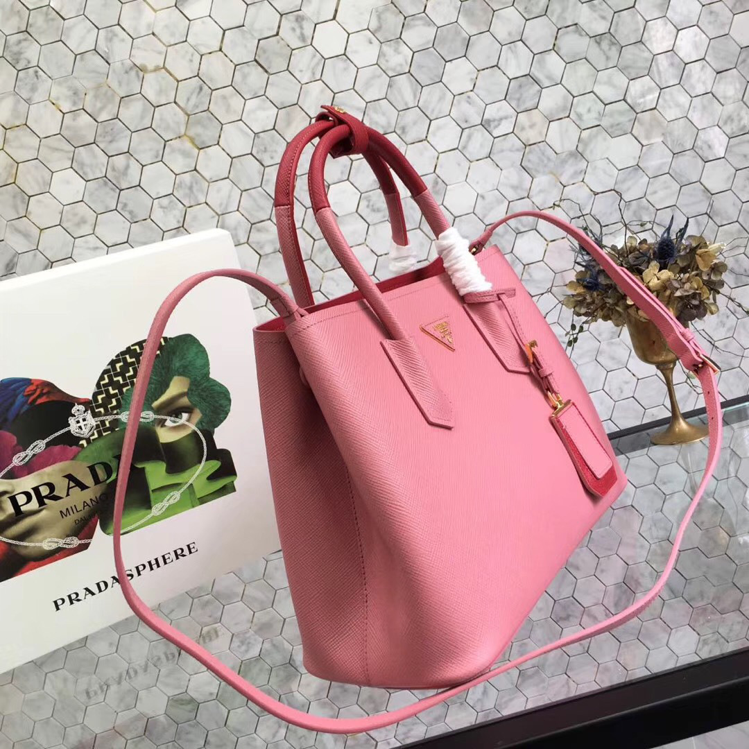 Pra*a Saffiano Cuir Small Double Leather Bag in Coral
