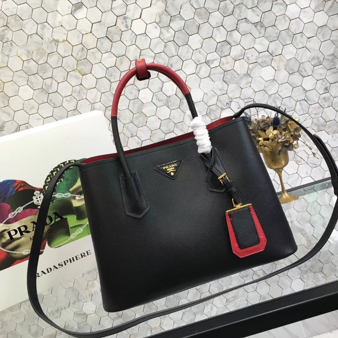 Pra*a Saffiano Cuir Small Double Leather Bag in Black