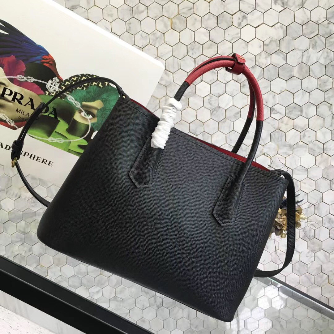 Pra*a Saffiano Cuir Small Double Leather Bag in Black