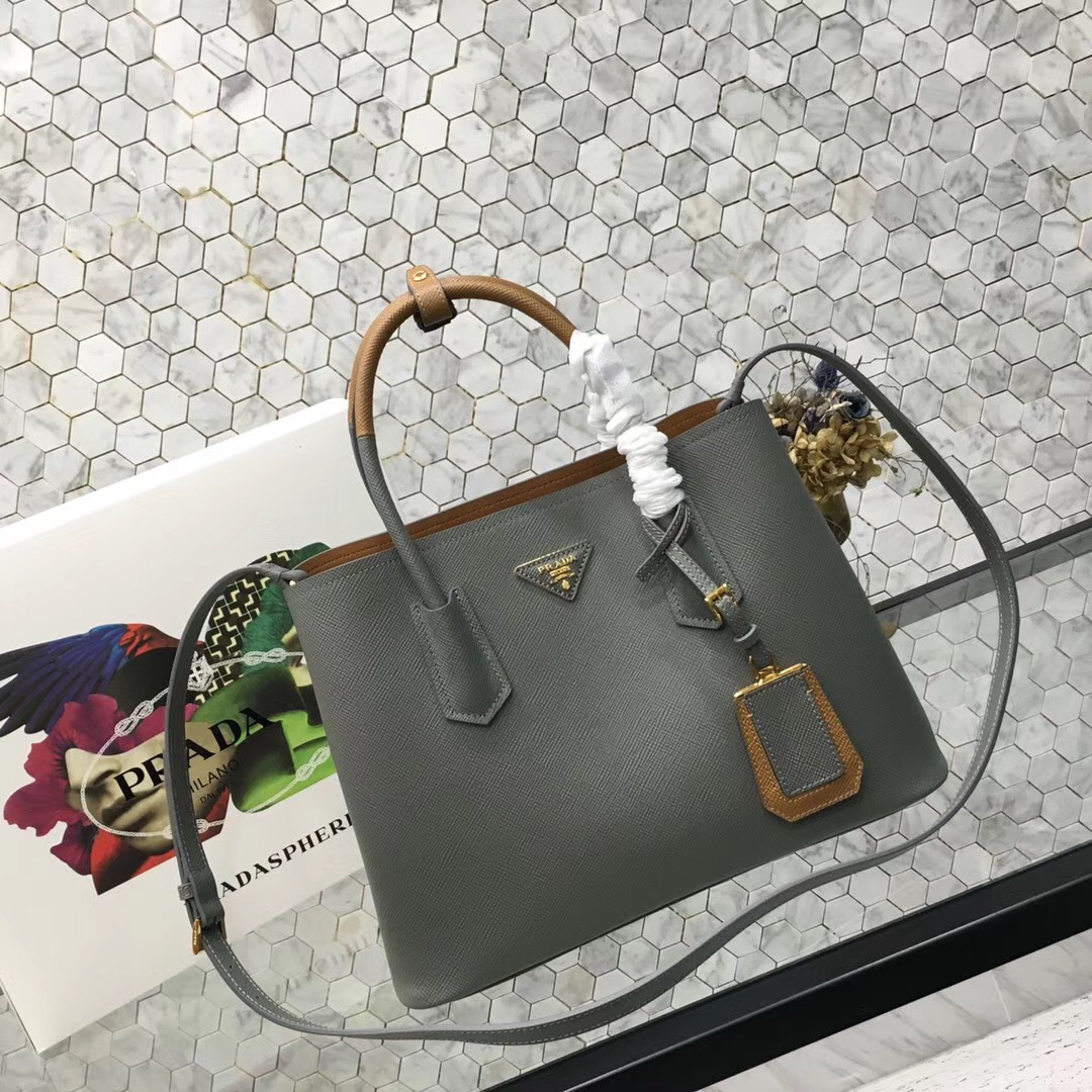 Pra*a Saffiano Cuir Small Double Leather Bag in Gray