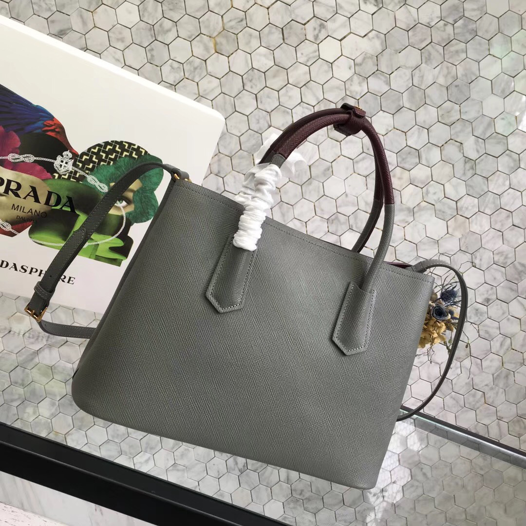 Pra*a Saffiano Cuir Small Double Leather Bag in Gray with red