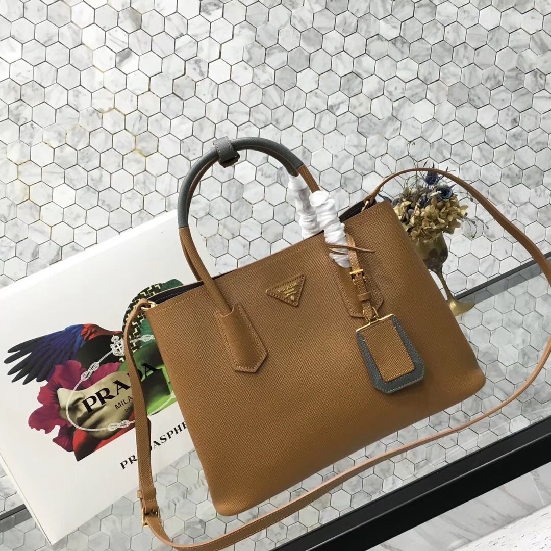Pra*a Saffiano Cuir Small Double Leather Bag in Khaki