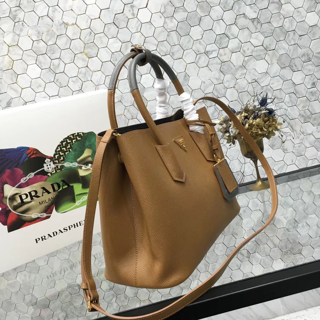 Pra*a Saffiano Cuir Small Double Leather Bag in Khaki