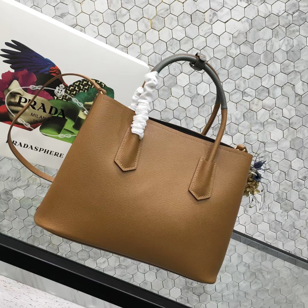 Pra*a Saffiano Cuir Small Double Leather Bag in Khaki