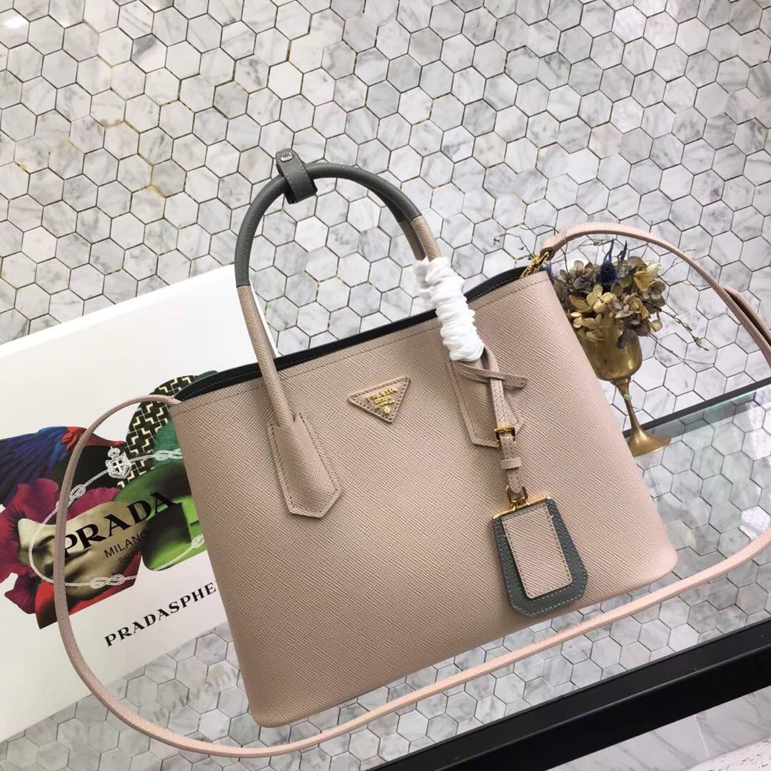 Pra*a Saffiano Cuir Small Double Leather Bag in Pink