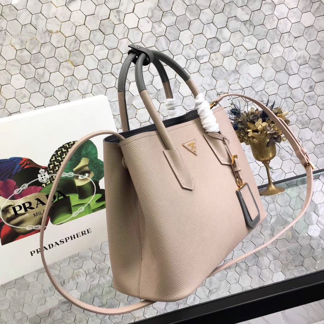 Pra*a Saffiano Cuir Small Double Leather Bag in Pink