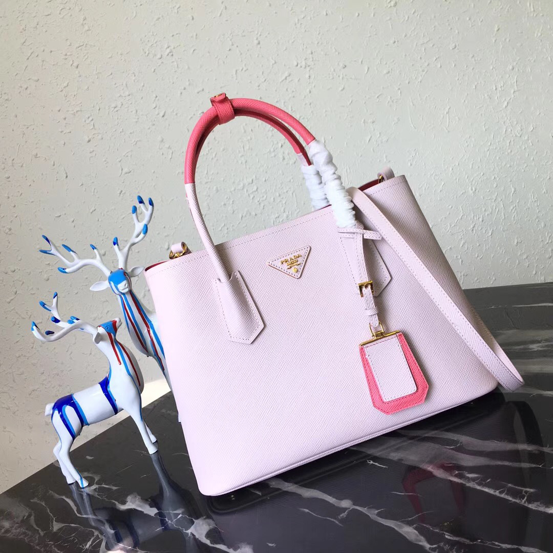 Pra*a Saffiano Cuir Small Double Leather Bag in Light Pink