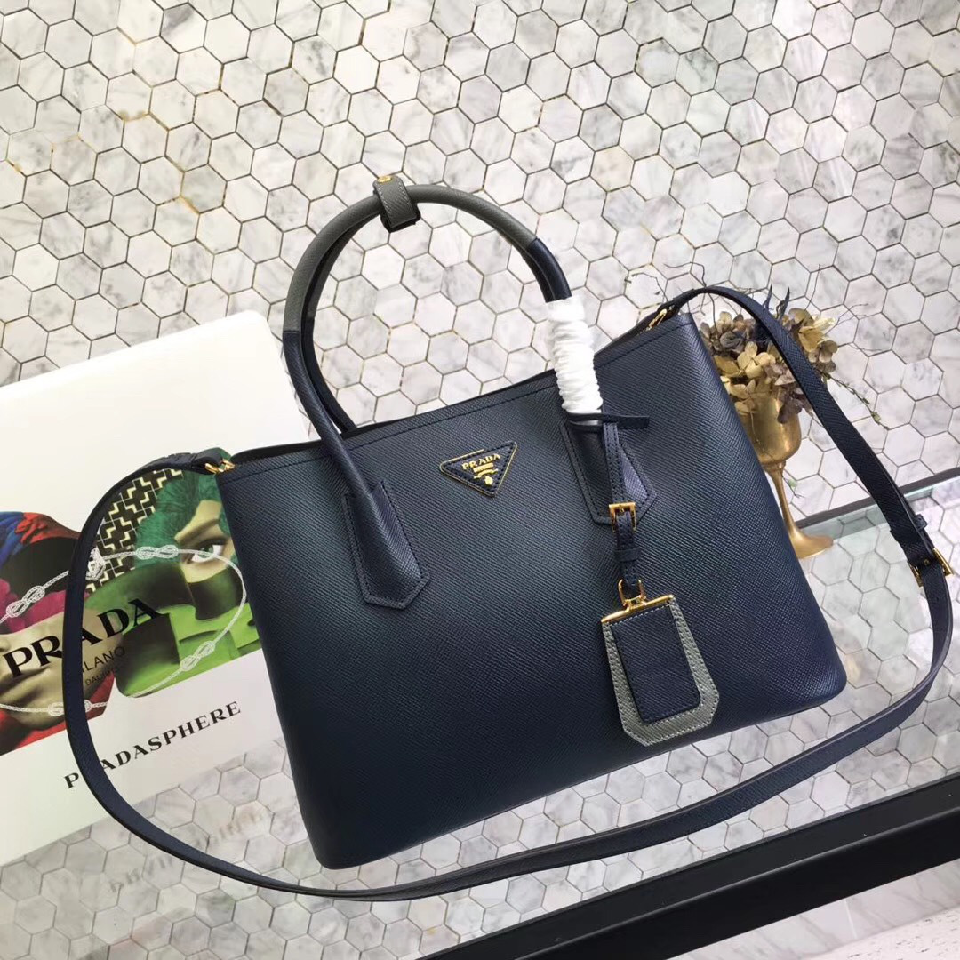 Pra*a Saffiano Cuir Small Double Leather Bag in Dark Blue