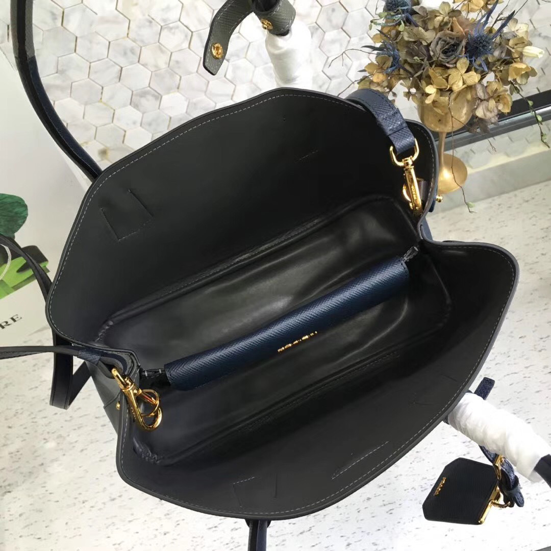 Pra*a Saffiano Cuir Small Double Leather Bag in Dark Blue