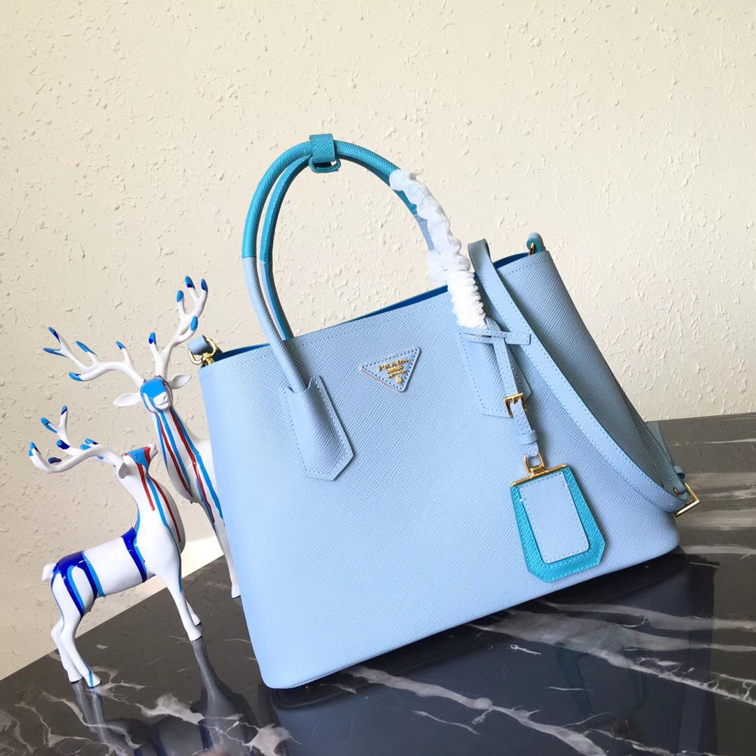 Pra*a Saffiano Cuir Small Double Leather Bag in Blue