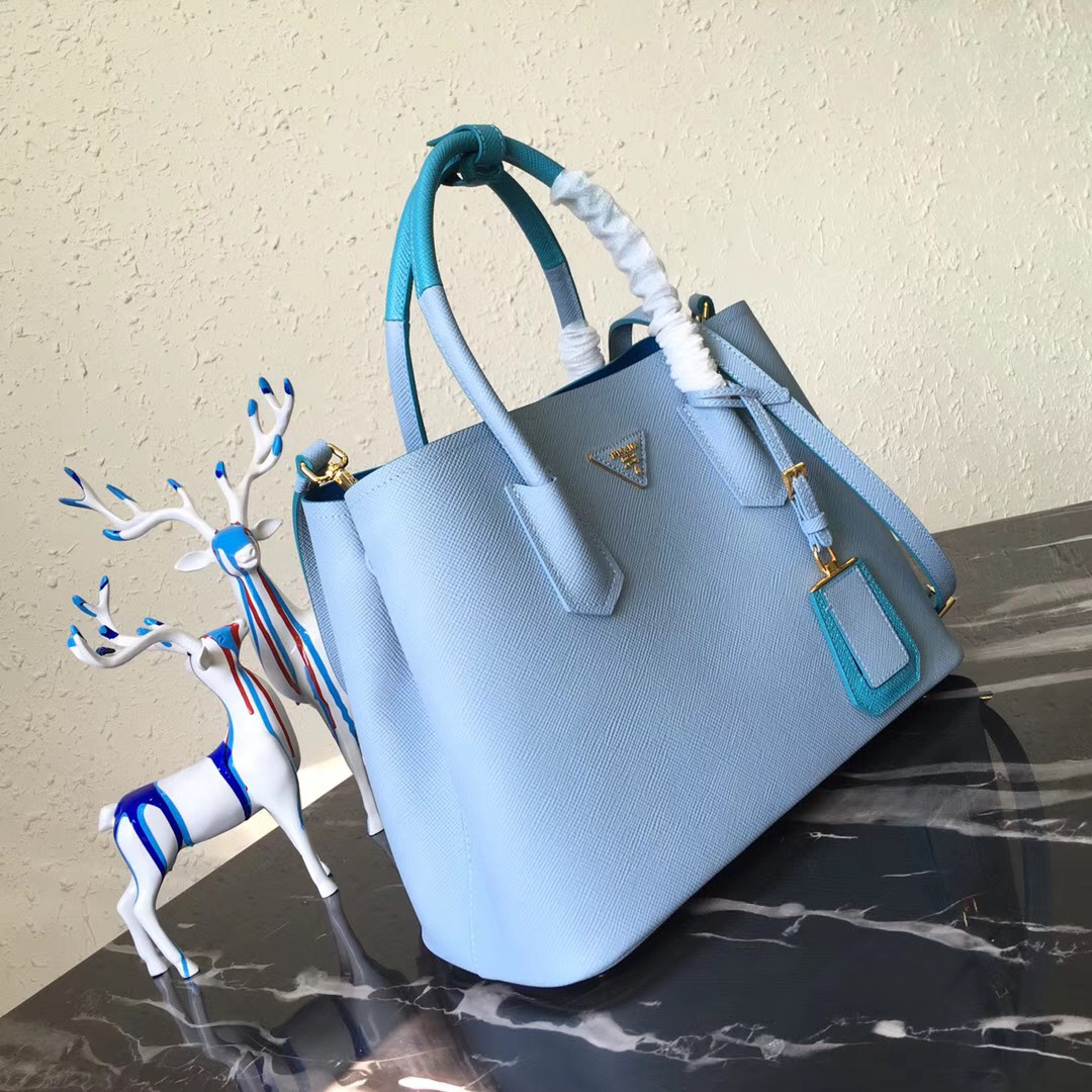 Pra*a Saffiano Cuir Small Double Leather Bag in Blue