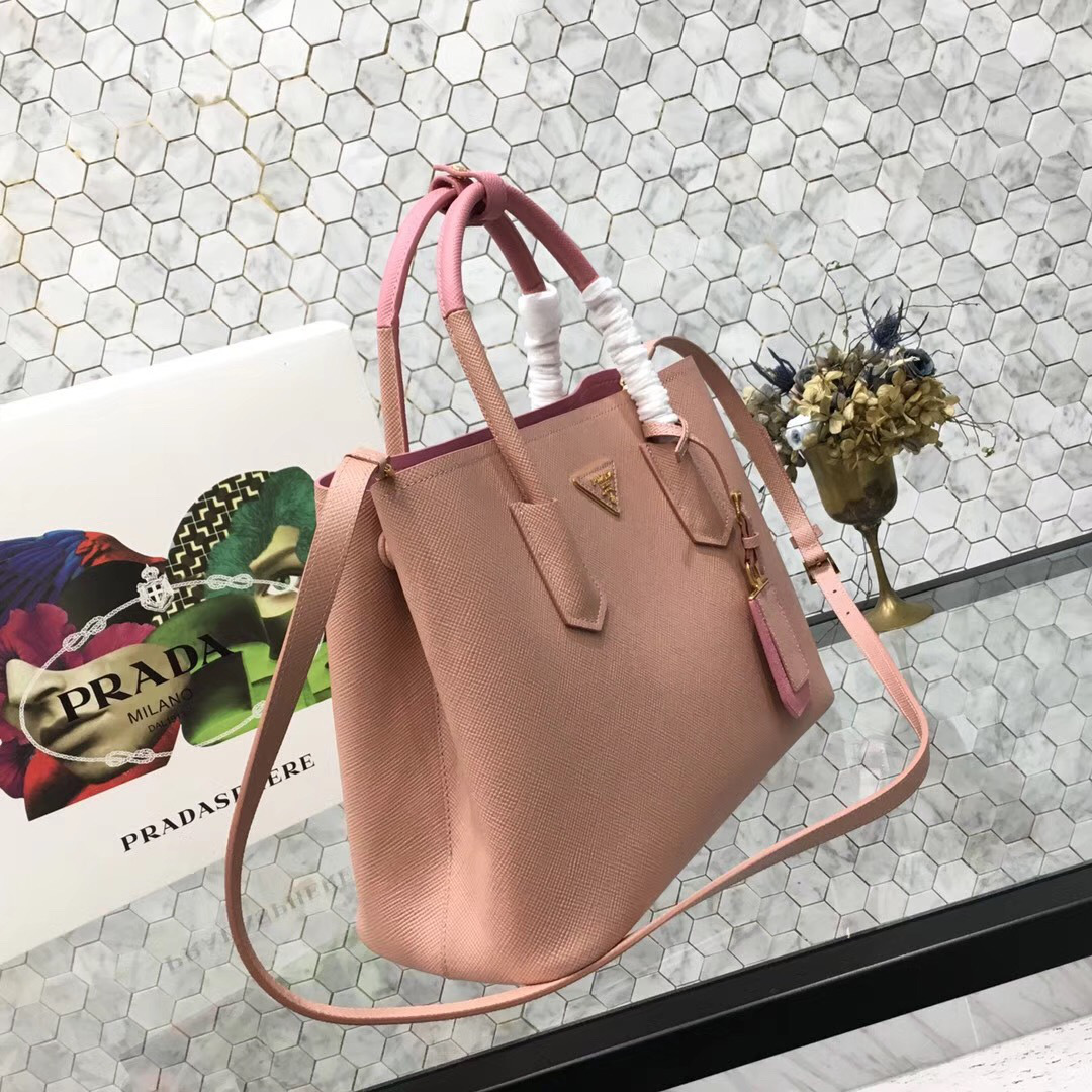 Pra*a Saffiano Cuir Small Double Leather Bag in Sakura Pink
