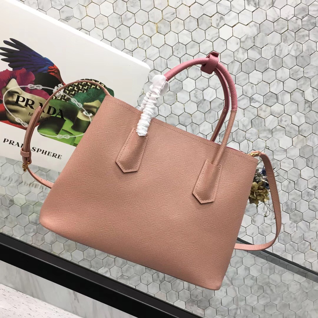 Pra*a Saffiano Cuir Small Double Leather Bag in Sakura Pink