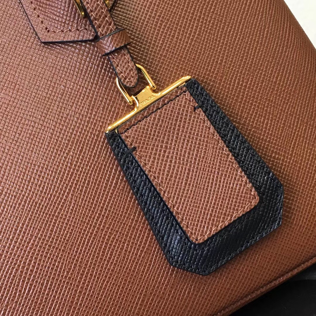 Pra*a Saffiano Cuir Small Double Leather Bag in Brown