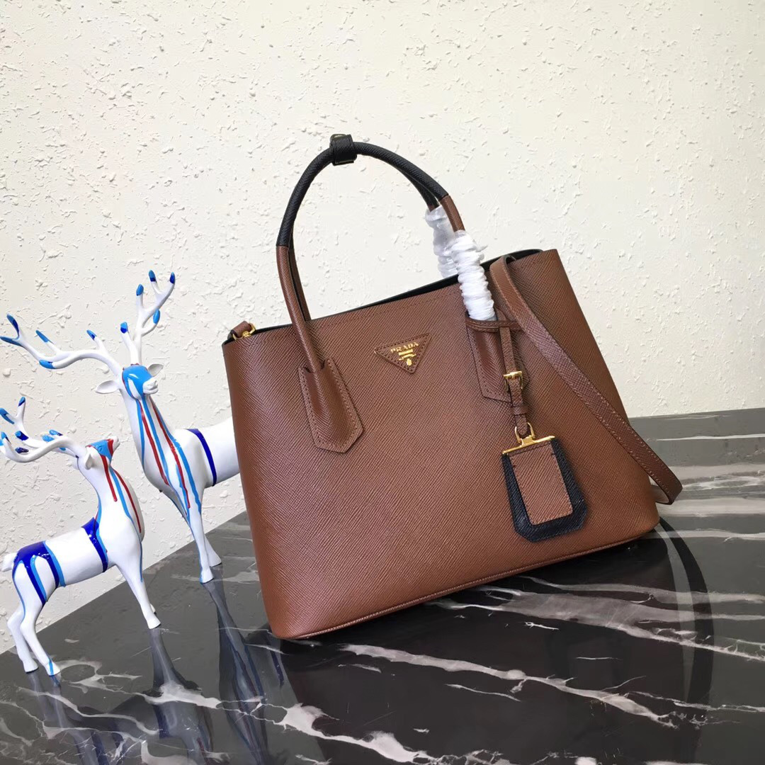 Pra*a Saffiano Cuir Small Double Leather Bag in Brown