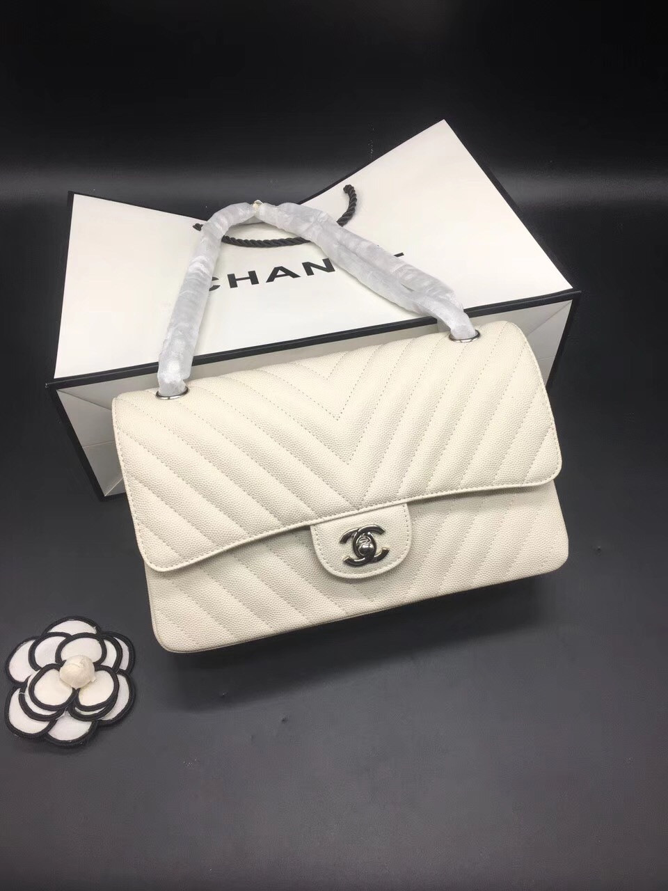 Ch**el Flap Bag Caviar White Bag 25cm with Silver Hardware